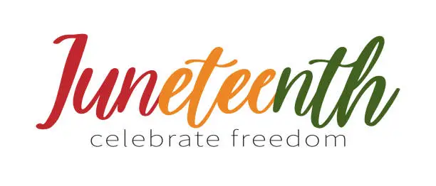 Vector illustration of Juneteenth, celebrate freedom text lettering logo. Typography logo design for greeting card, poster, banner. Vector illustration isolated on white background.