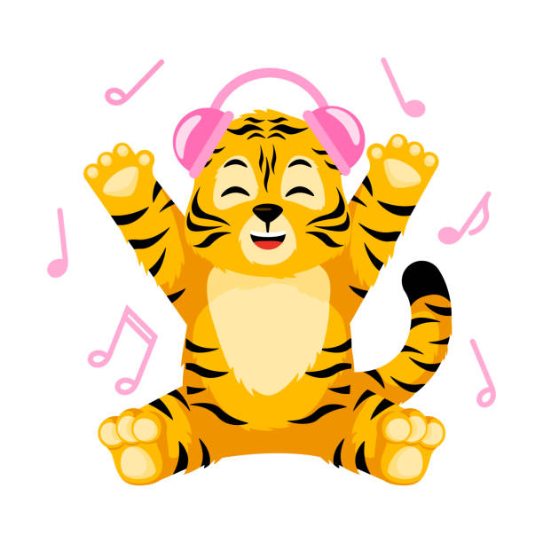 ilustrações de stock, clip art, desenhos animados e ícones de little tiger listening music with headphone isolated. character cartoon striped tiger dancing. - safari animals audio