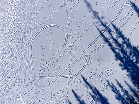 Heart shape painted on the snow in the forest during winter. High angle view. Fir trees shadow.