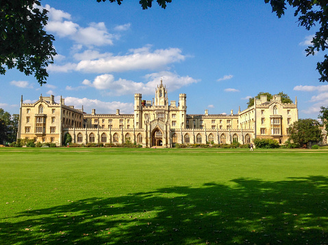 Cambridge, England-  September 7, 2014: The campus of Universty of Cambridge is almost the most beautiful one in the world. Here is St John's College.