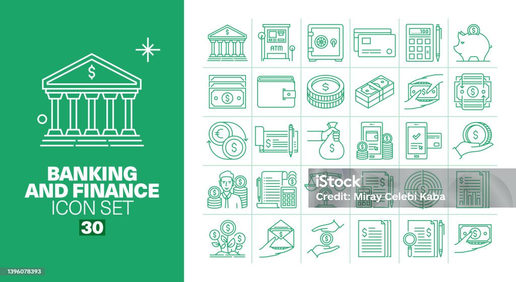 Banking and Finance Line Icons Set Icon Symbol stock vector