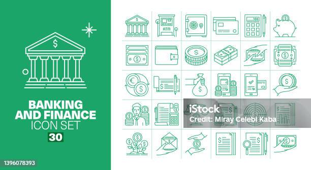 Banking And Finance Line Icons Set Stock Illustration - Download Image Now - Icon Symbol, Bank Manager, ATM