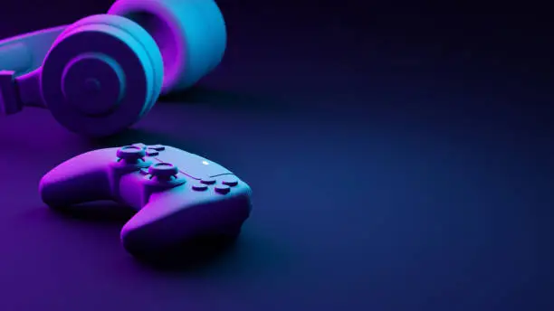 Photo of Gamepad and headphones with copy space 3D render