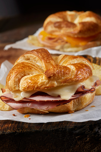 Baked Ham and Swiss Cheese Croissant Sandwich with Potato Chips