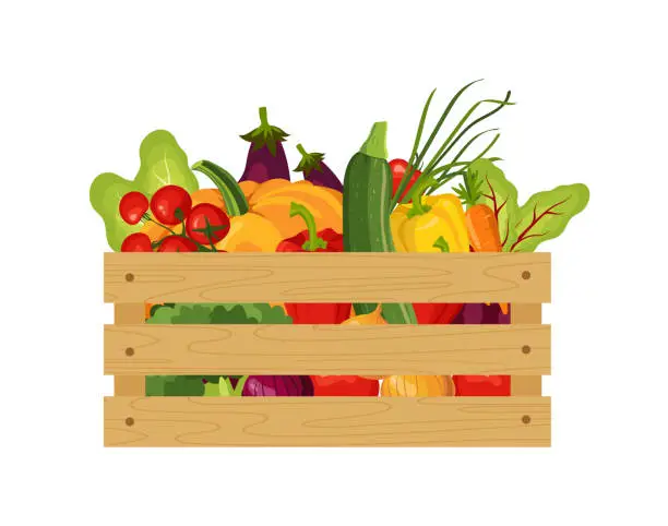 Vector illustration of wooden box with vegetables