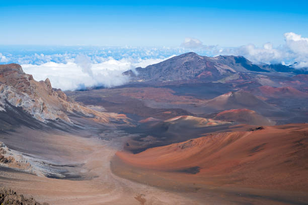 mountains and valleys of haleakala crater from sliding sands trail stock photo