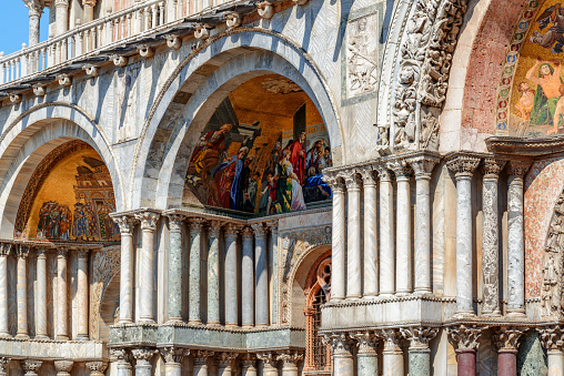 Facade of the Patriarchal Cathedral Basilica of Saint Mark (Basilica Cattedrale Patriarcale di San Marco) on the Piazza San Marco in Venice.