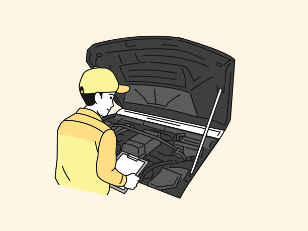 Automobile mechanic inspecting a vehicle Clip art of Automobile mechanic inspecting a vehicle. hood stock illustrations