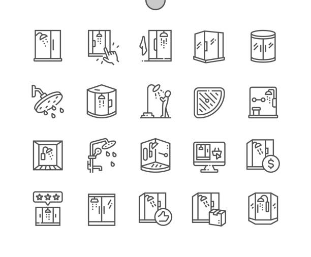 ilustrações de stock, clip art, desenhos animados e ícones de shower stall. bathroom. best shower cabin. pixel perfect vector thin line icons. simple minimal pictogram - casas de madeira modernas
