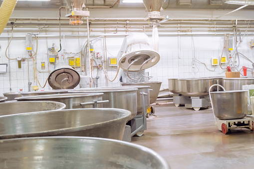 Bakery products industry. Production area for kneading dough with spiral dough mixers.