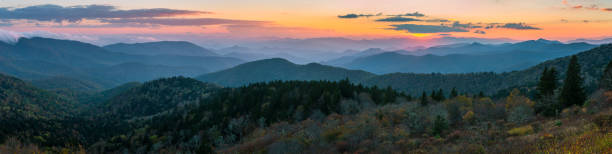 A panoramic view of the sunset over the Smoky Mountains stock photo