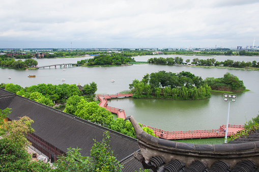The Jinshan temple scenic area as seen from above on a cloudy day in Zhenjiang China, Jiangsu province.