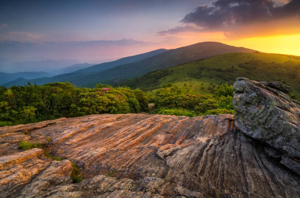 Summer sunset over Jane Bald in the Appalachian Mountains of Tennessee stock photo