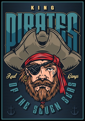 Poster with pirate face, wearing hat and eye patch marine illustration vector vintage style