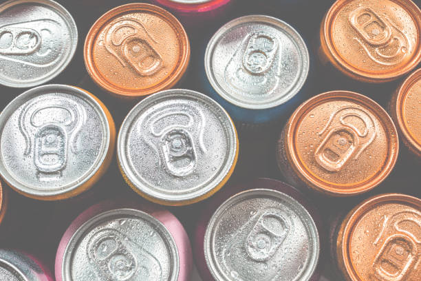 istock Group of aluminium cans, cold drink. Top view. 1396087662