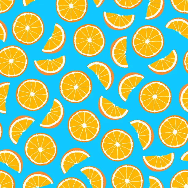 Vector illustration of Bright seamless fruit pattern - hand drawn design. Repeatable blue background with citruses. Vibrant summer endless print. Vector illustration