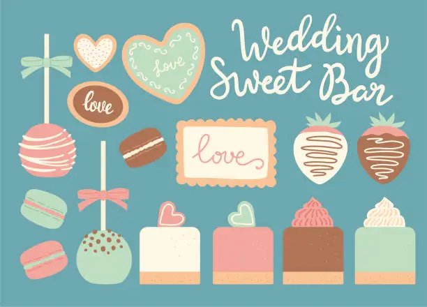 Vector illustration of Wedding sweet bar set of vector - popcake, macaroon, macaron, strawberry in chocolate, buscuit, cookie, cake