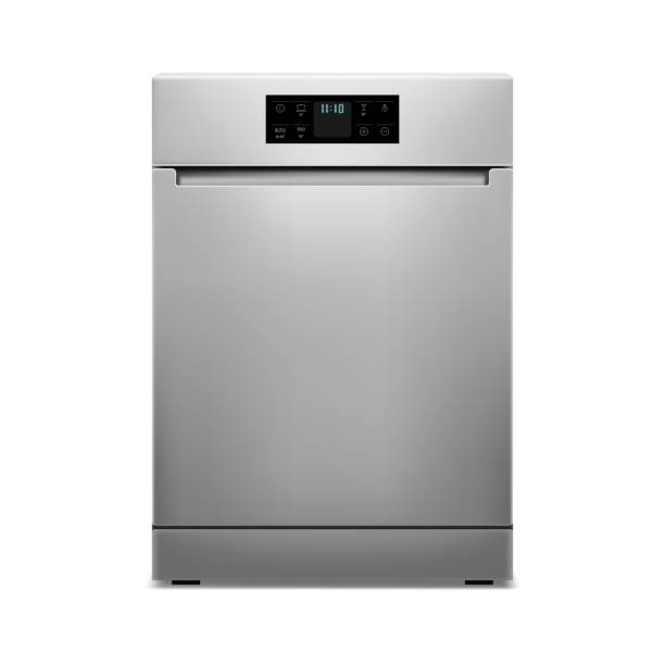 istock Dishwashing machine isolated on white background. Smart home appliance concept. Front view. Digital display. Silver color. Realistic 3d Vector illustration. 1396088966