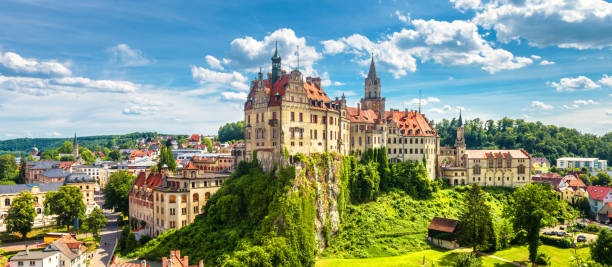 Panorama of Sigmaringen, Baden-Wurttemberg, Germany, Europe Panorama of Sigmaringen, Baden-Wurttemberg, Germany, Europe. Scenic view of Hohenzollern castle, landmark of Schwarzwald. Nice city skyline, landscape with old Gothic castle in Swabian Alps in summer historical geopolitical location stock pictures, royalty-free photos & images