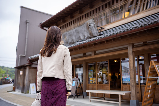 Woman visiting traditional Japanese shop for sightseeing