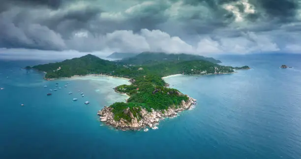 Aerial panoramic view of Koh Tao Island in Chumphon, Thailand. and the name, in English, means ‘Turtle Island’ for the island’s connection with its being inhabited by sea turtles.
