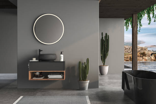 istock Modern dark bathroom with gray walls, 1396092214
