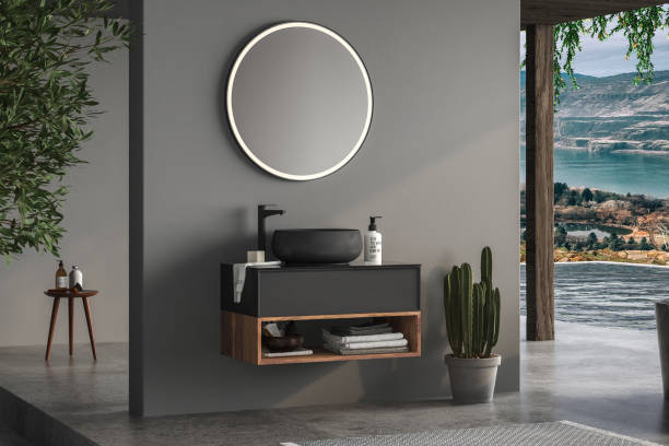 istock Modern dark bathroom with gray walls, 1396092251