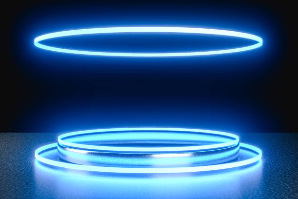 istock 3D Illustration. Empty podium with neon glowing lights. Render for product display presentation 1396094093