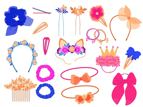 Hair accessories. Different girly style elements. Headbands, tiaras, elastic bands and hair pins, decorative flowers, silk ribbons and bows, girls beauty objects, vector cartoon hand drawn isolated set