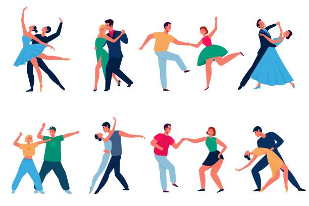 ilustrações de stock, clip art, desenhos animados e ícones de dancing couples. cartoon professional dancers characters, men and women in performing outfits. modern types dance latin and tango, waltz and disco. people in ballroom, music party vector set - dancing