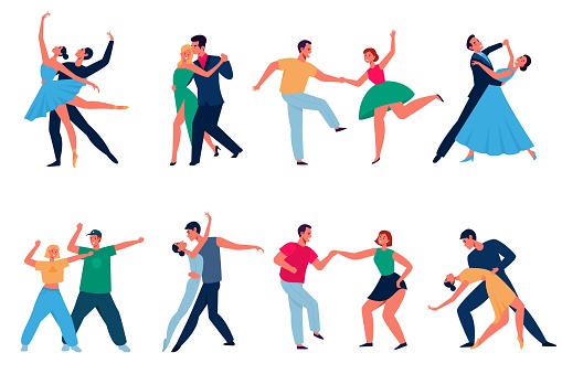 Dancing couples. Cartoon professional dancers characters, men and women in performing outfits. Modern types dance latin and tango, waltz and disco. People in ballroom, music party, vector isolated set