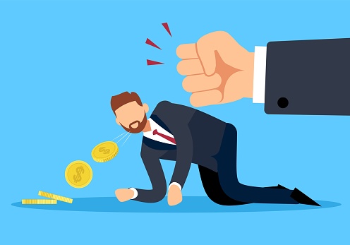 Debt collection. Racketeering, huge hand knocking money out of man, businessman owes money to bank or business partner, non-payment of taxes, loan arrears vector cartoon flat style isolated concept