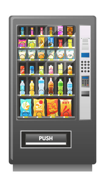 자동판매기. 자동 음식, 점심 간식 및 음료 판매, 패널 및 버튼이있는 사각형 기기, 내부 병, 소매 장비, 현실적인 격리 된 요소, 3d 벡터 일러스트 레이 션 - vending machine stock illustrations