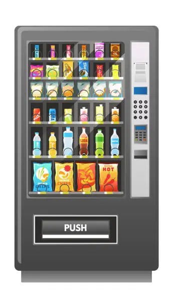 Vector illustration of Vending machine. Automatic food, lunch snacks and drink sale, square appliance with panel and buttons, bottles inside, retail equipment, realistic isolated element, 3d vector illustration