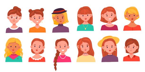 stockillustraties, clipart, cartoons en iconen met women hairstyles avatars. pretty female portraits, different female characters, cartoon girls with glasses, hats and jewellery, long and short hair, various haircut, vector isolated set - kort haar