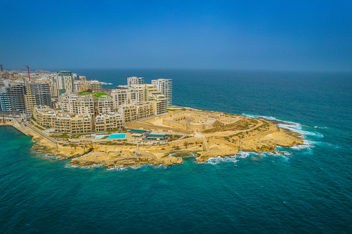 Aerial view of Slima (Sliema) district with fort Tigne in front of peninsula in Valetta, Malta.