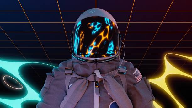 Futuristic astronaut retrowave 3d illustration. Technology and science theme