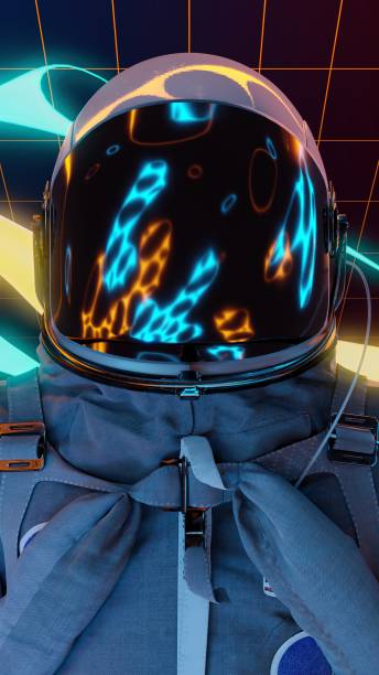 istock Astronaut space suit among neon space lights retrowave 3d illustration 1396096009
