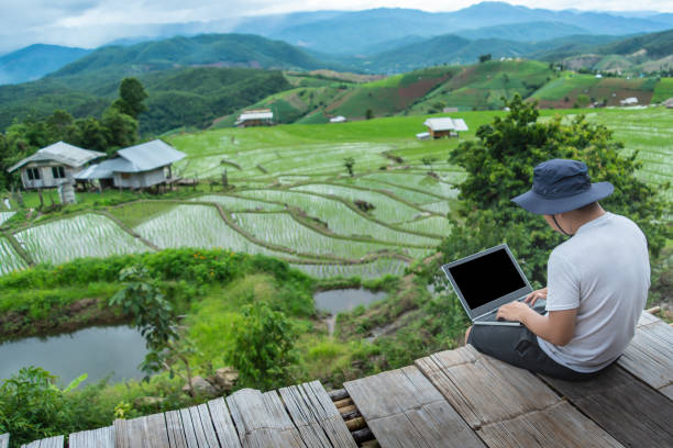 vista posteriore di un giovane turista maschio occasionale seduto su una panca di legno nella terrazza di riso e usando il laptop per lavorare nella stagione delle piogge. - bench mountain park sitting foto e immagini stock