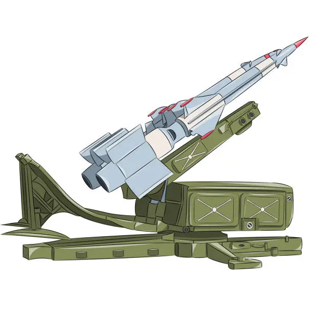 Vector illustration of Anti-aircraft missile system on a stationary installation isolated on a white background.