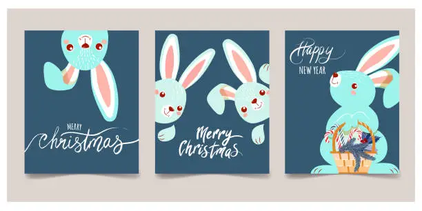 Vector illustration of Set of New Year's posters. Chinese New Year. Year of the rabbit.  ards with cute lettering bunnies - merry christmas and happy new year