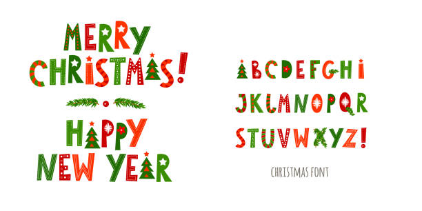 Christmas decorative font. Capital letters. Merry Christmas happy new year. For posters, banners, greeting cards. Vector illustration Christmas decorative font. Capital letters. Merry Christmas happy new year. For posters, banners, greeting cards. Vector illustration single word stock illustrations