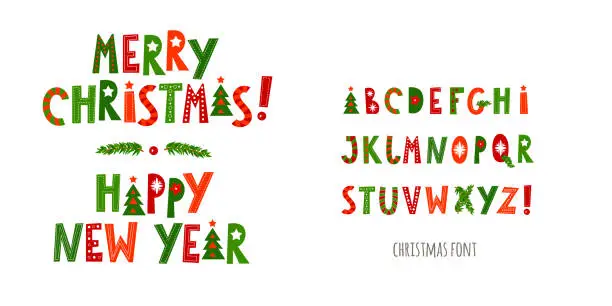 Vector illustration of Christmas decorative font. Capital letters. Merry Christmas happy new year. For posters, banners, greeting cards. Vector illustration