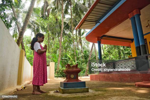 Indian Little Girl Offering Prayer To Holy Basil Plant Stock Photo - Download Image Now