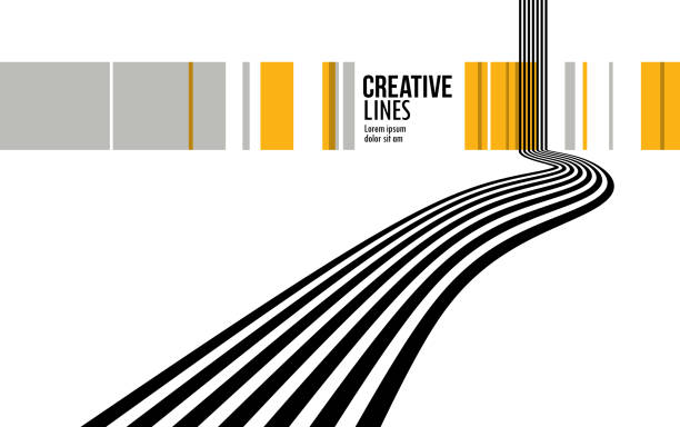 illustrations, cliparts, dessins animés et icônes de lignes futures en arrière-plan abstrait vectoriel de perspective 3d, composition linéaire noire et jaune, concept de route vers l’horizon et le ciel, illusion d’optique op art. - road horizon highway speed