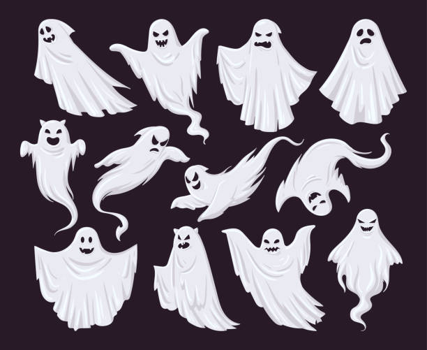 Cartoon halloween ghost, ghosted spooky spirit and mysterious phantoms. Spooky flying phantom ghosts vector symbols illustrations set. Mysterious night shadows characters Cartoon halloween ghost, ghosted spooky spirit and mysterious phantoms. Spooky flying phantom ghosts vector symbols illustrations set. Mysterious night shadows characters ghost stock illustrations