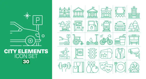Vector illustration of City Elements Line Icons Set