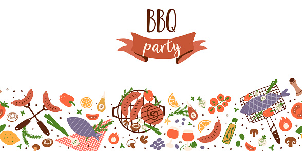 BBQ party border. BBQ party food. Long seamless banner with barbecue grill, roasted sausages, tomatoes, vegetables, grilled fish on white background. Cartoon summer picnic vector illustration