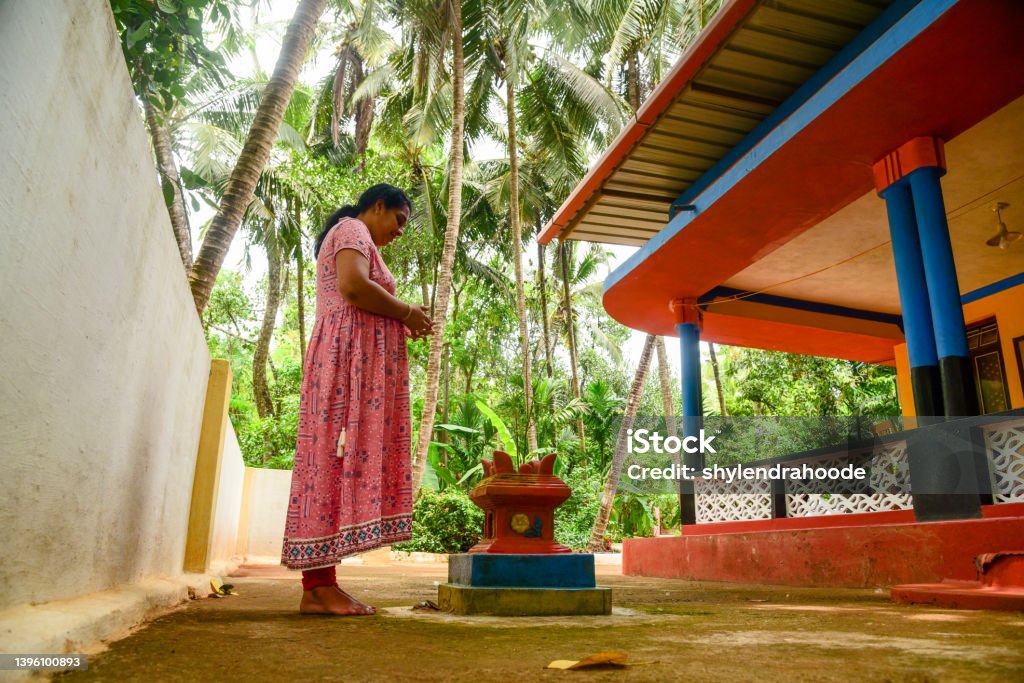 Indian women offering prayer to holy basil plant Indian women offering prayer to holy basil plant in front of home, kerala Diwali Stock Photo