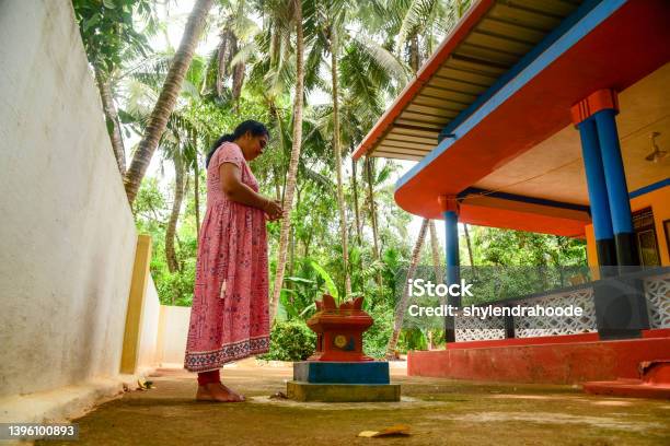 Indian Women Offering Prayer To Holy Basil Plant Stock Photo - Download Image Now - Diwali, 40-44 Years, Adult